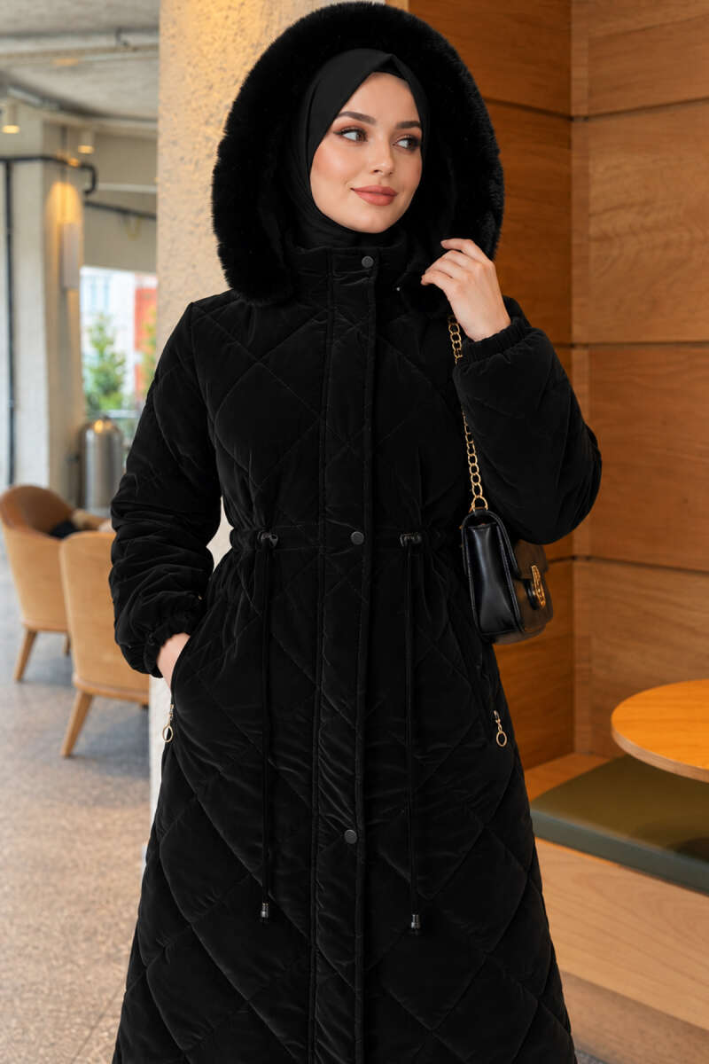Quilted Puffer Coat with Faux Fur and Drawstring Waist - Black