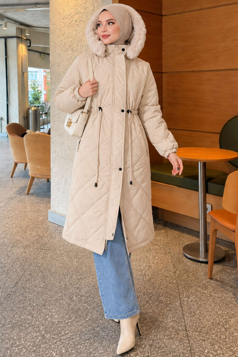 Quilted Puffer Coat with Faux Fur and Drawstring Waist - Stone
