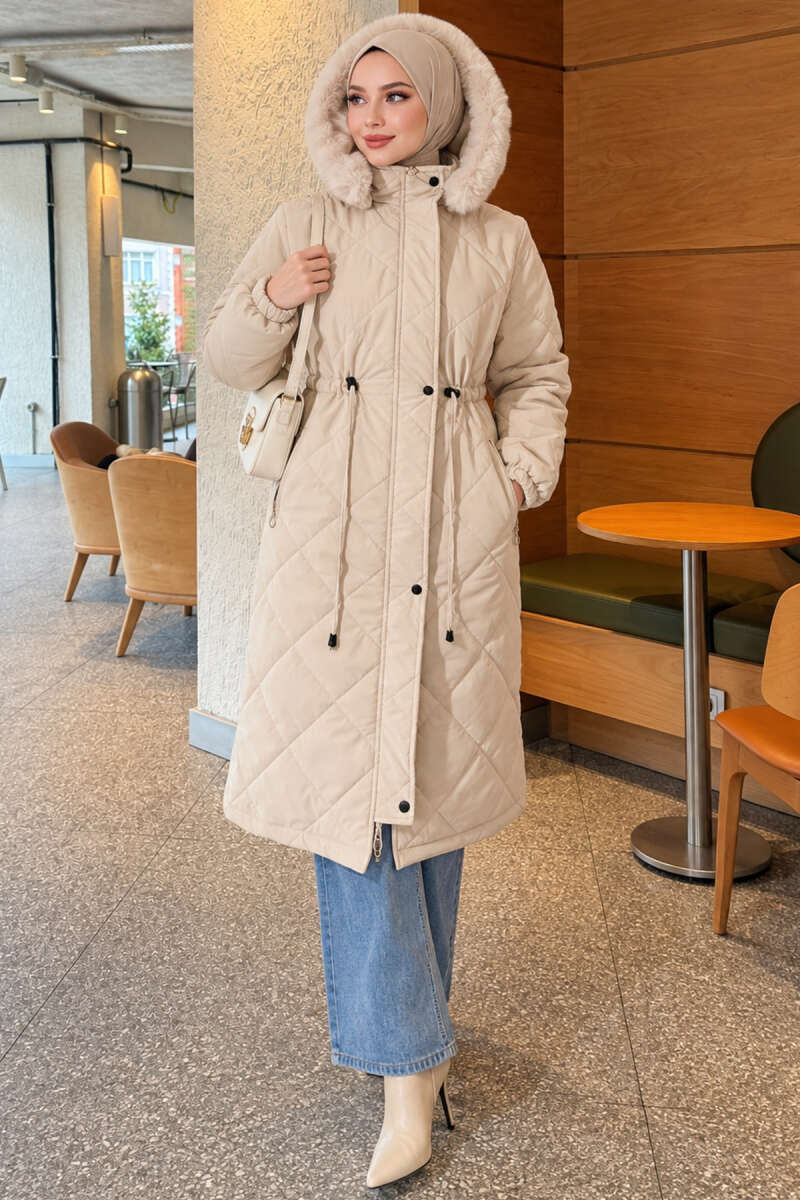 Quilted Puffer Coat with Faux Fur and Drawstring Waist - Stone