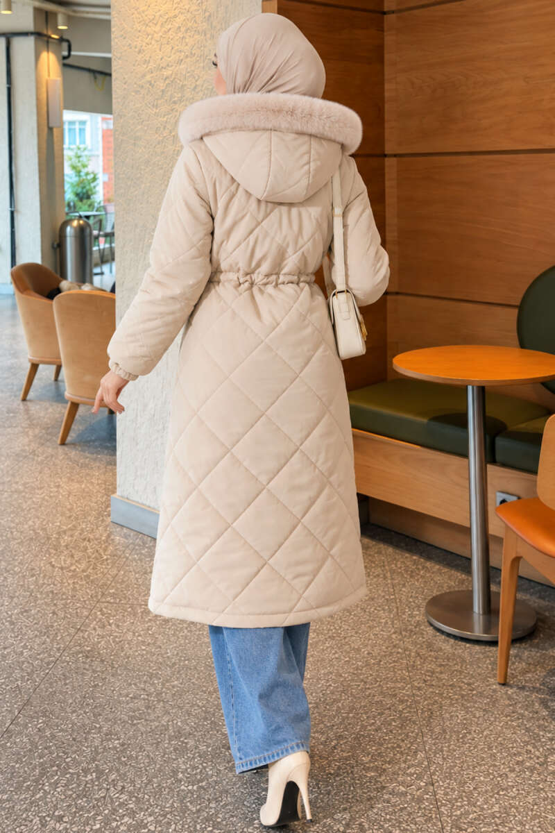 Quilted Puffer Coat with Faux Fur and Drawstring Waist - Stone