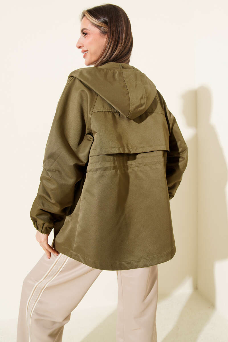 Hooded Trench Coat with Pockets and Drawstring Waist - Khaki