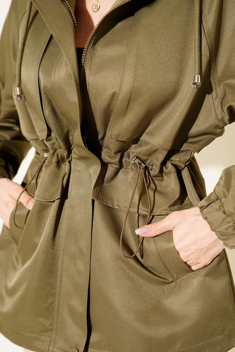 Hooded Trench Coat with Pockets and Drawstring Waist - Khaki