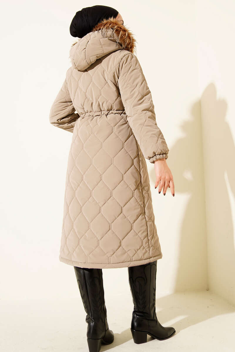 Hooded Quilted Puffer Coat with Drawstring Waist - Beige