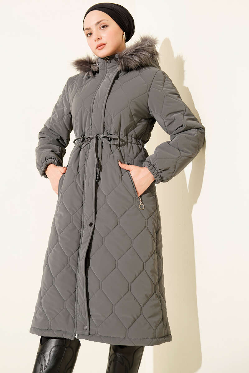 Hooded Quilted Puffer Coat with Drawstring Waist - Smoke Grey