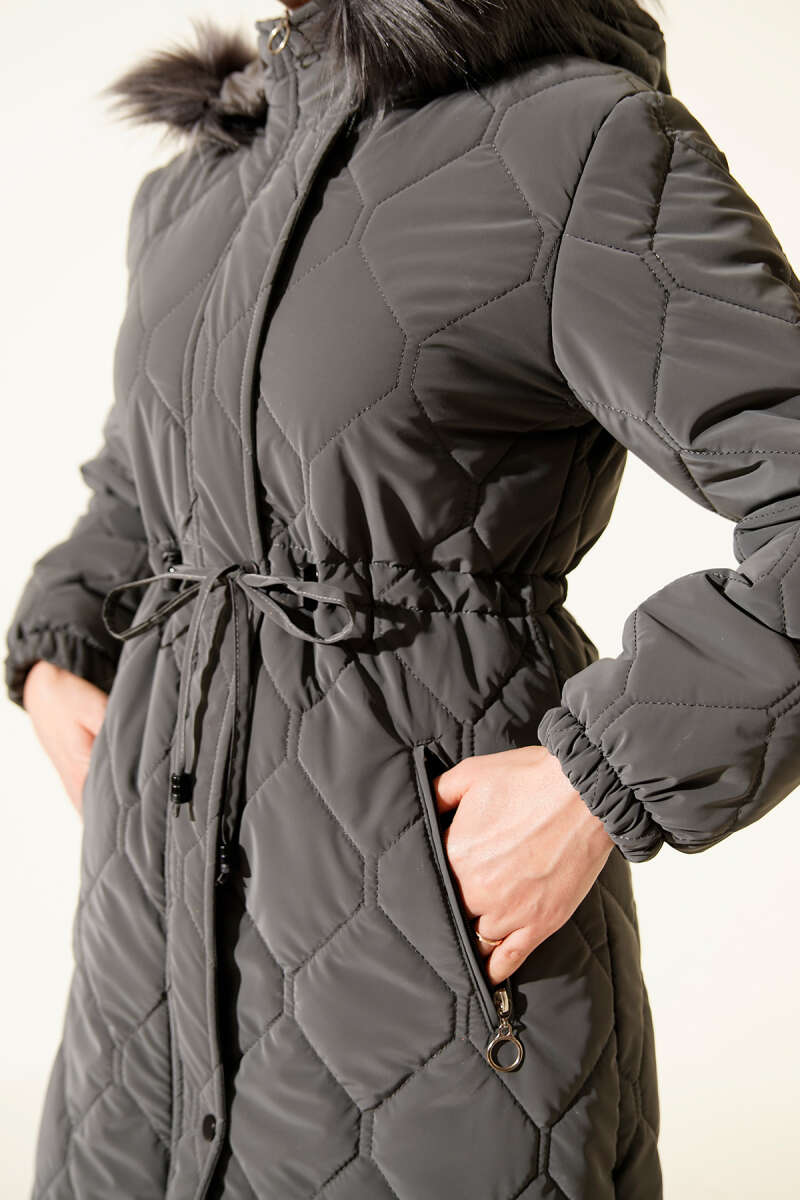 Hooded Quilted Puffer Coat with Drawstring Waist - Smoke Grey