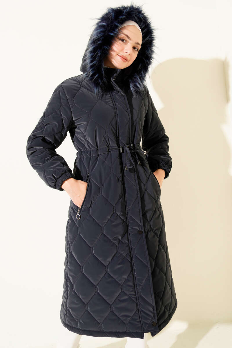 Hooded Quilted Puffer Coat with Drawstring Waist - Navy