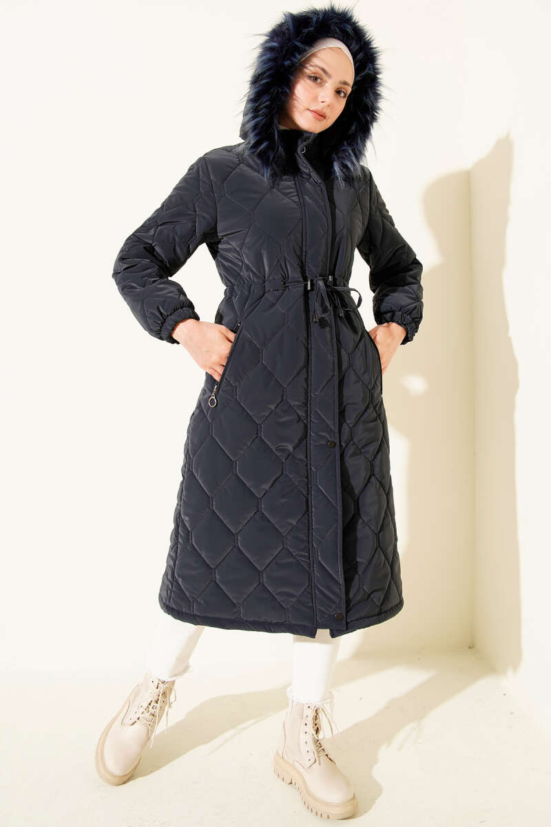 Hooded Quilted Puffer Coat with Drawstring Waist - Navy