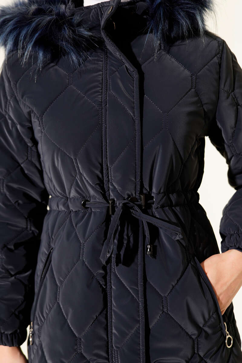 Hooded Quilted Puffer Coat with Drawstring Waist - Navy