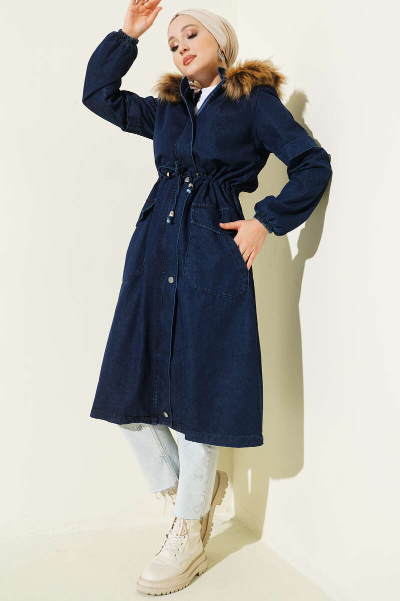 Hooded Denim Jacket with Drawstring Waist - Navy
