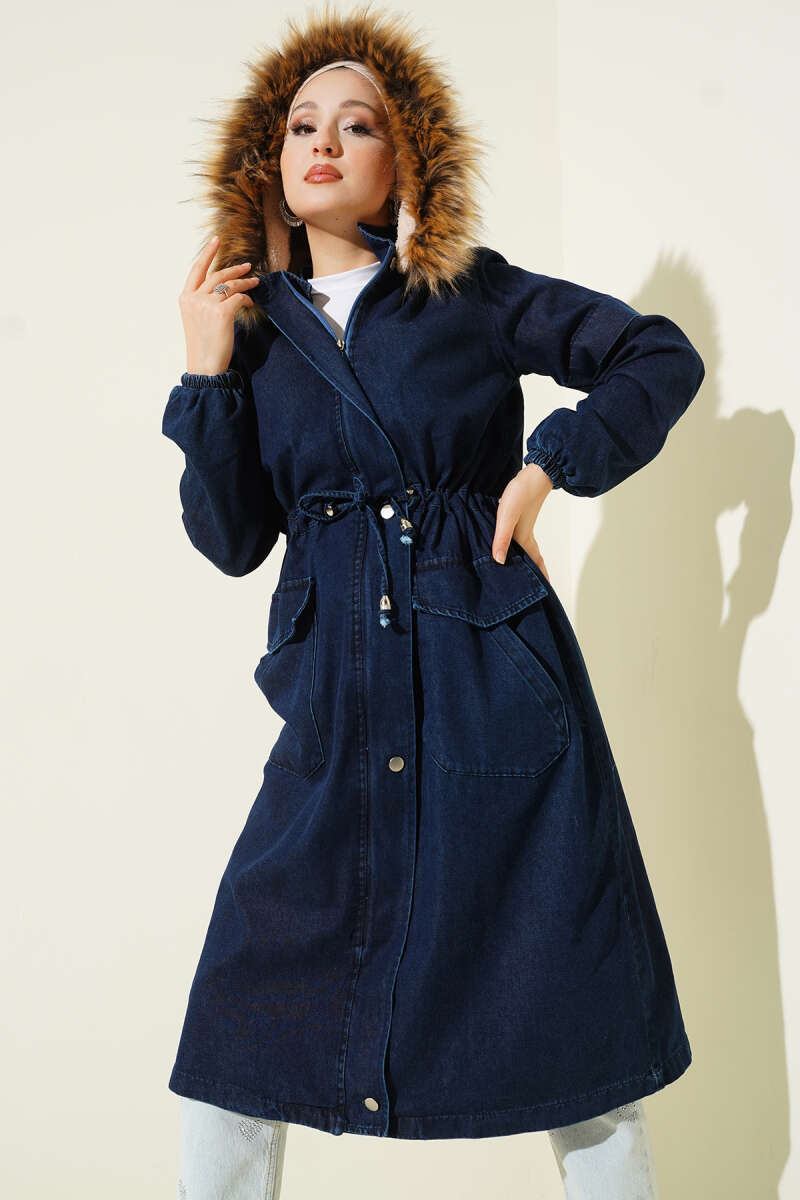Hooded Denim Jacket with Drawstring Waist - Navy
