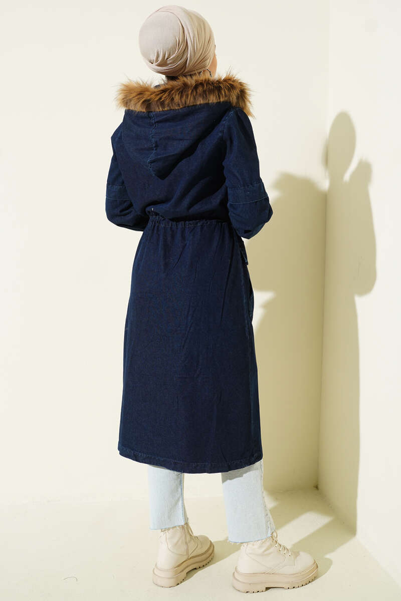 Hooded Denim Jacket with Drawstring Waist - Navy