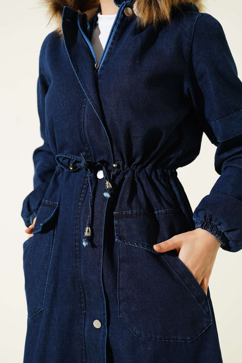 Hooded Denim Jacket with Drawstring Waist - Navy