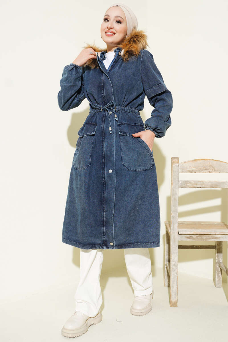 Hooded Denim Jacket with Drawstring Waist - Blue