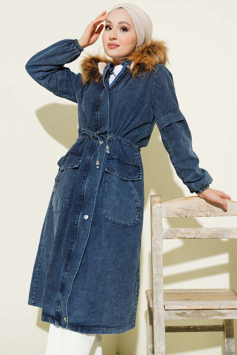 Hooded Denim Jacket with Drawstring Waist - Blue