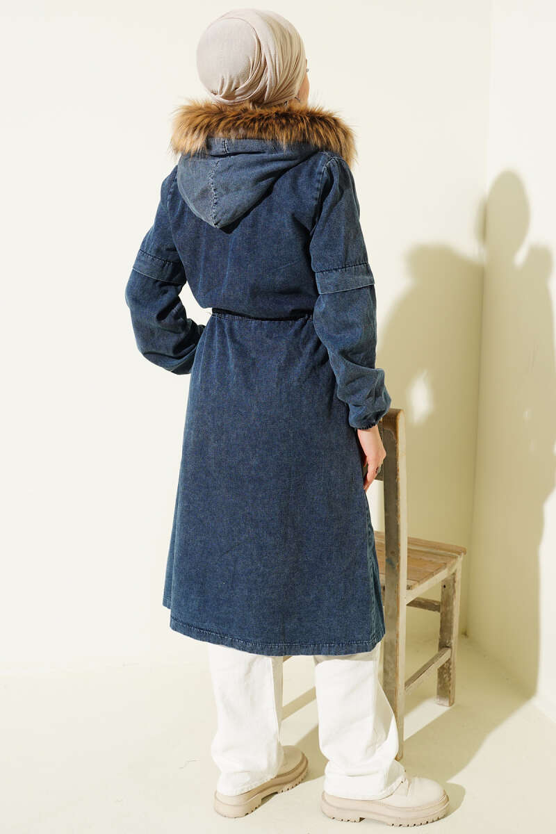 Hooded Denim Jacket with Drawstring Waist - Blue