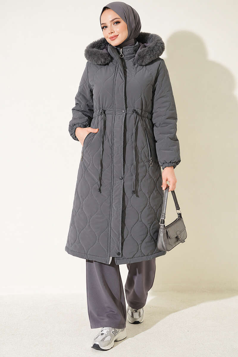 Puffer Coat with Faux Fur and Drawstring Waist - Smoke Grey