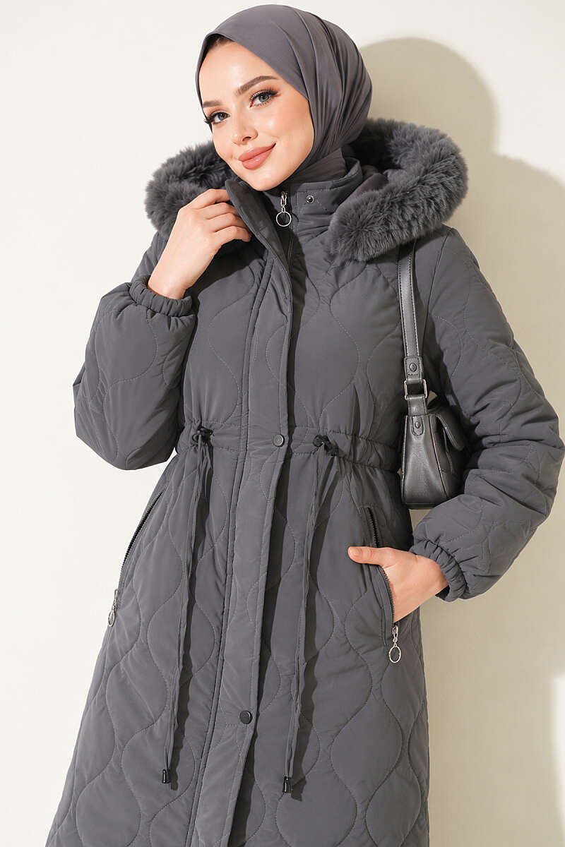 Puffer Coat with Faux Fur and Drawstring Waist - Smoke Grey