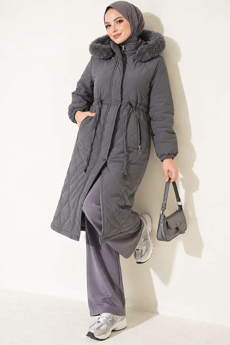 Puffer Coat with Faux Fur and Drawstring Waist - Smoke Grey
