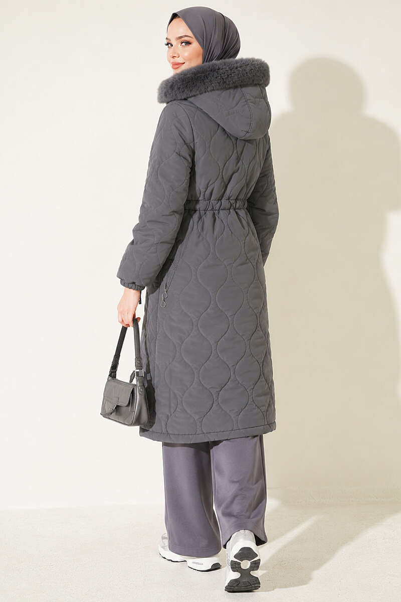 Puffer Coat with Faux Fur and Drawstring Waist - Smoke Grey
