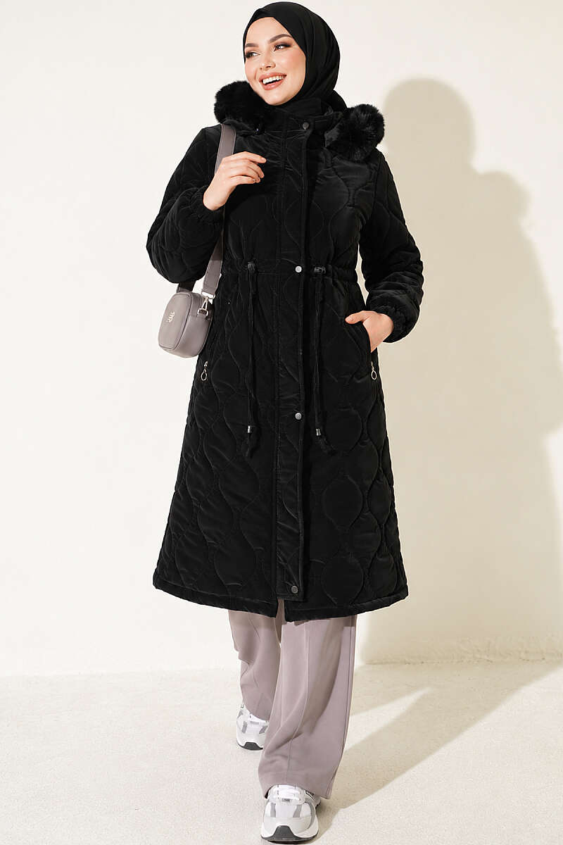 Puffer Coat with Faux Fur and Drawstring Waist - Black