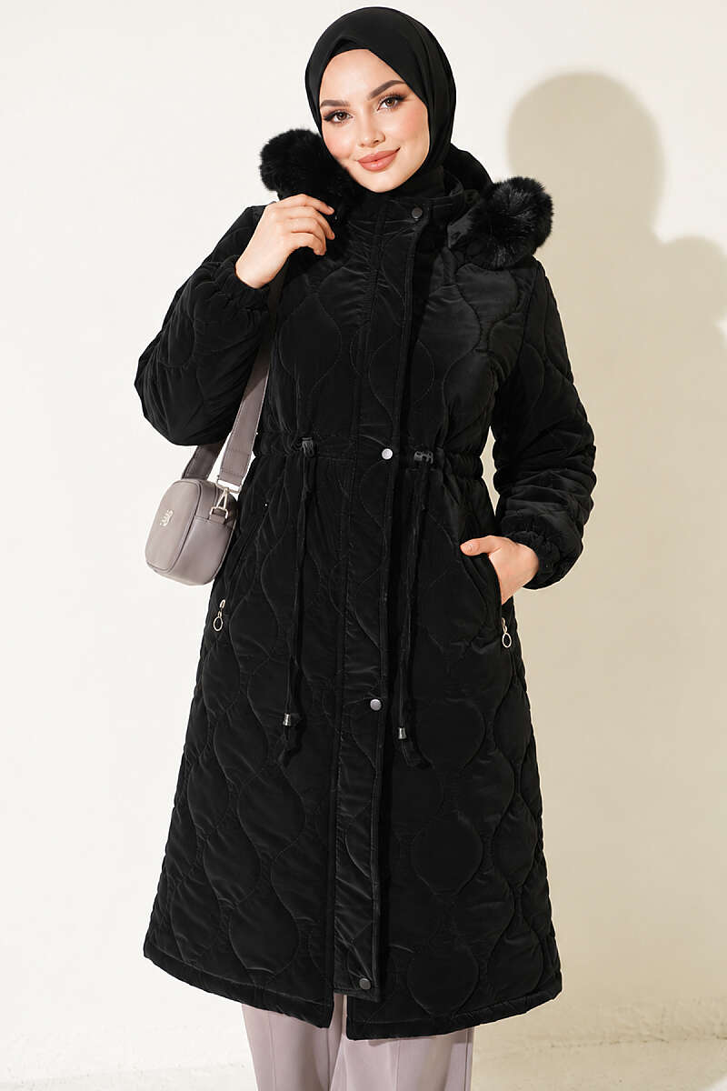 Puffer Coat with Faux Fur and Drawstring Waist - Black