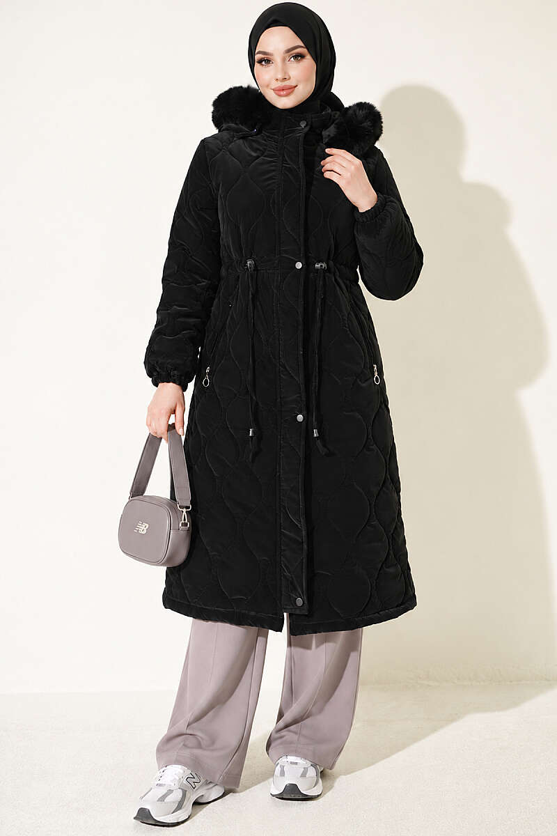 Puffer Coat with Faux Fur and Drawstring Waist - Black