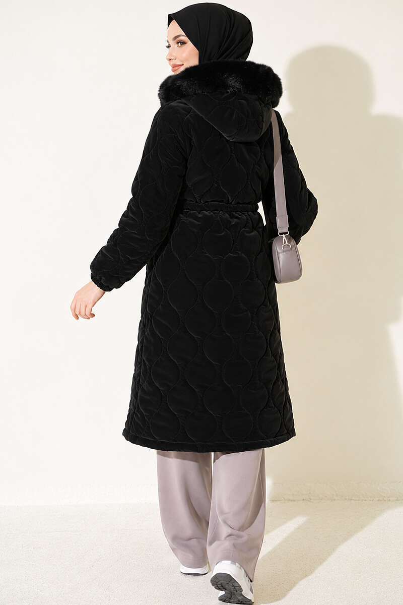 Puffer Coat with Faux Fur and Drawstring Waist - Black