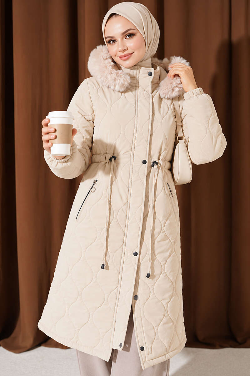 Puffer Coat with Faux Fur and Drawstring Waist - Stone