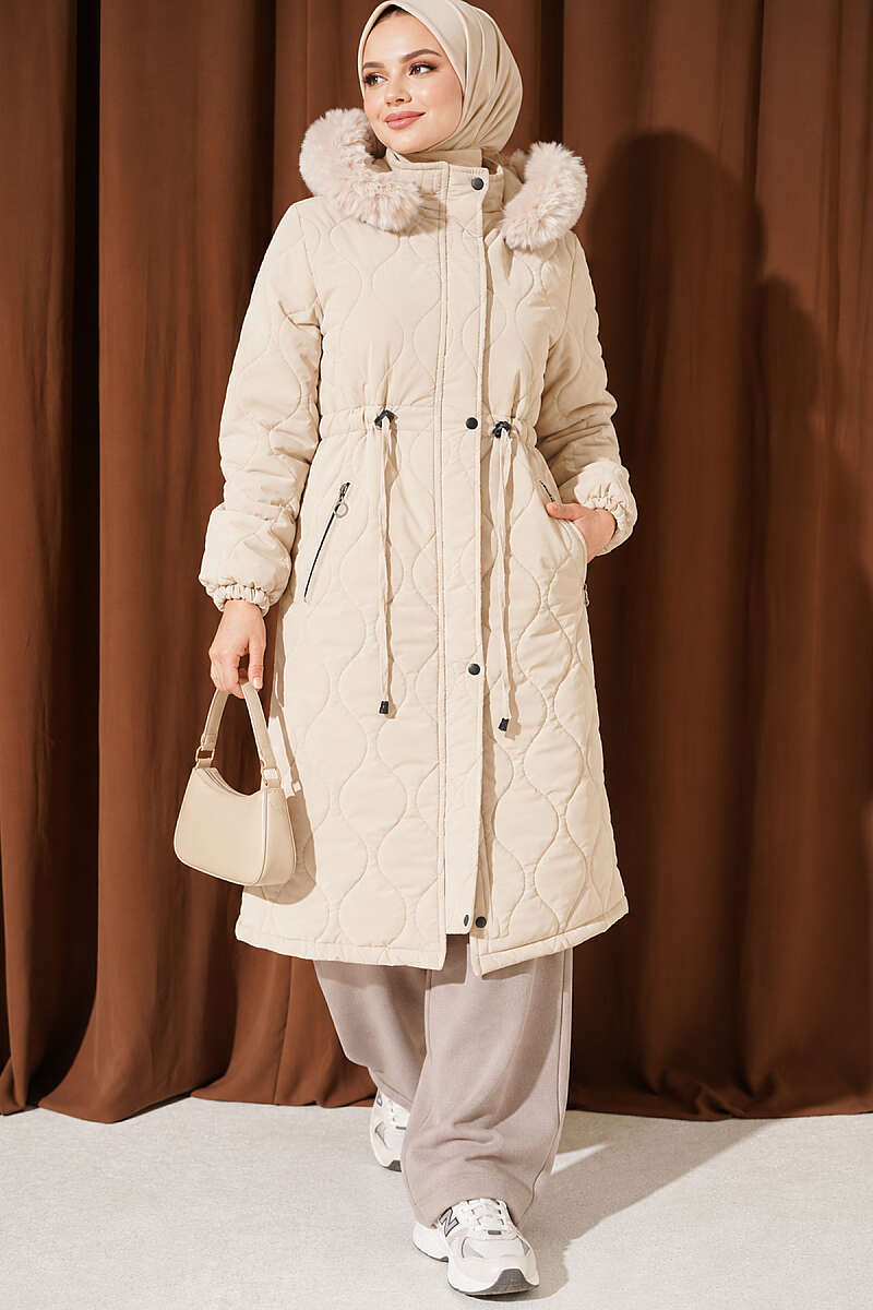 Puffer Coat with Faux Fur and Drawstring Waist - Stone