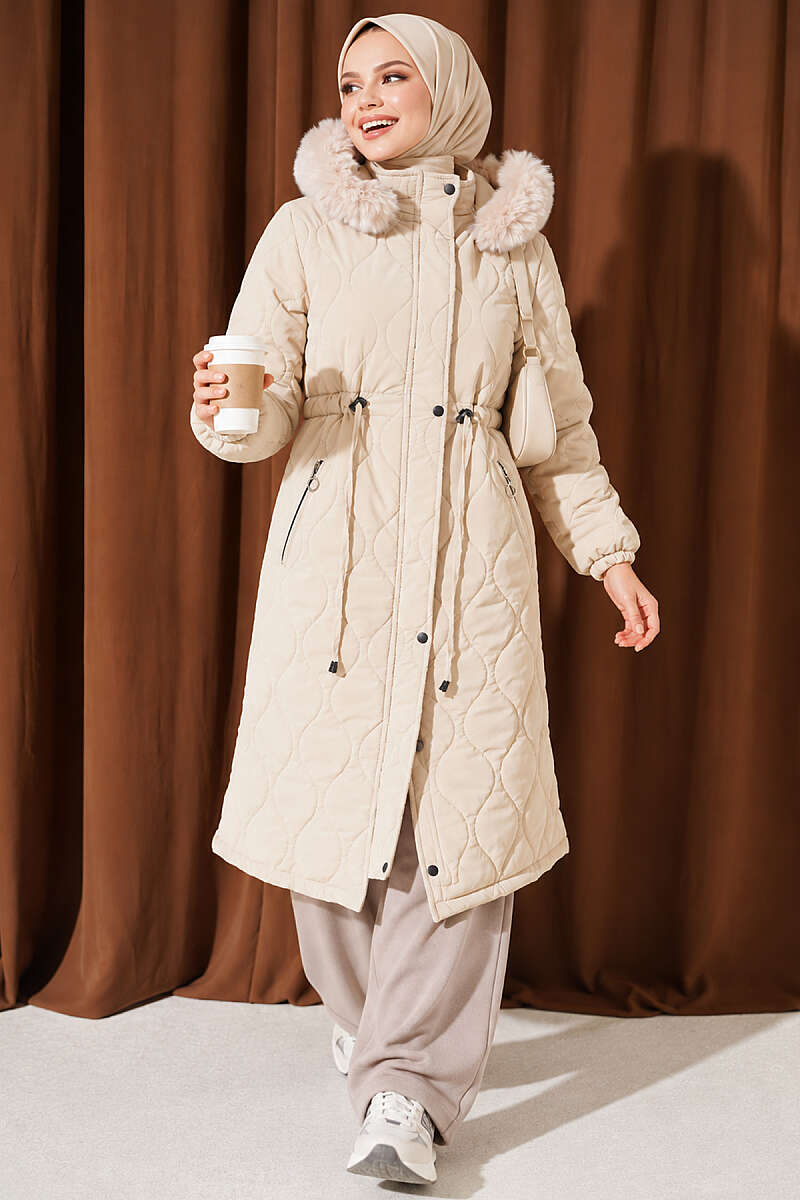 Puffer Coat with Faux Fur and Drawstring Waist - Stone