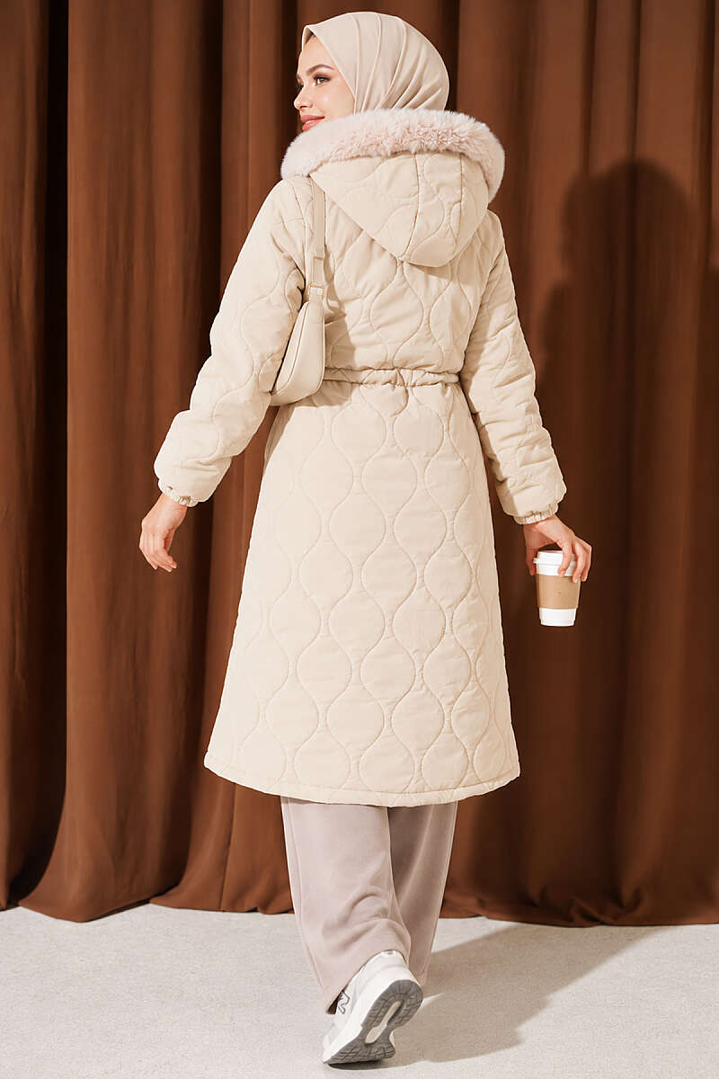Puffer Coat with Faux Fur and Drawstring Waist - Stone