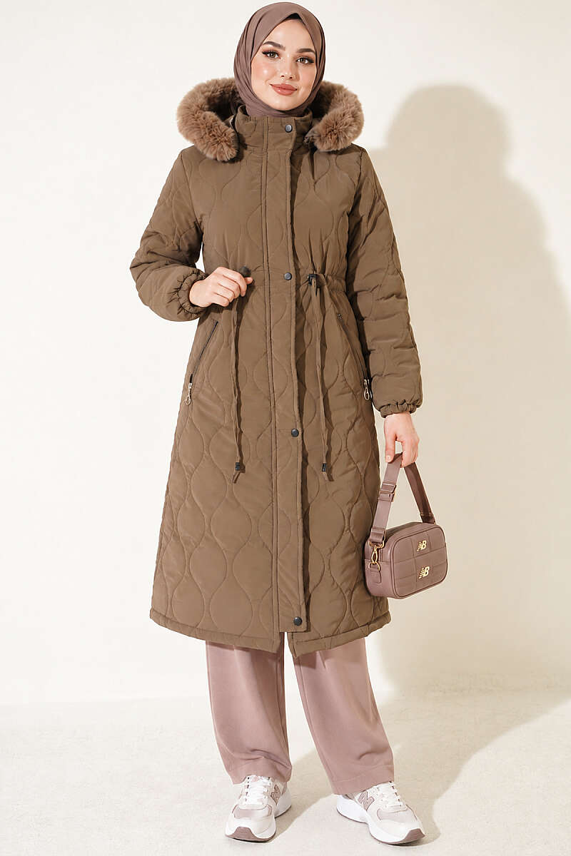 Puffer Coat with Faux Fur and Drawstring Waist - Mink