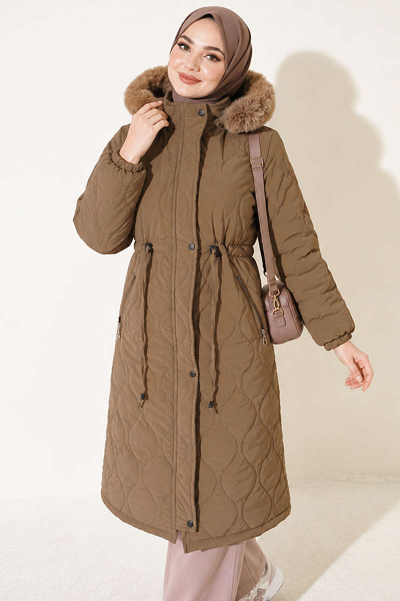 Puffer Coat with Faux Fur and Drawstring Waist - Mink