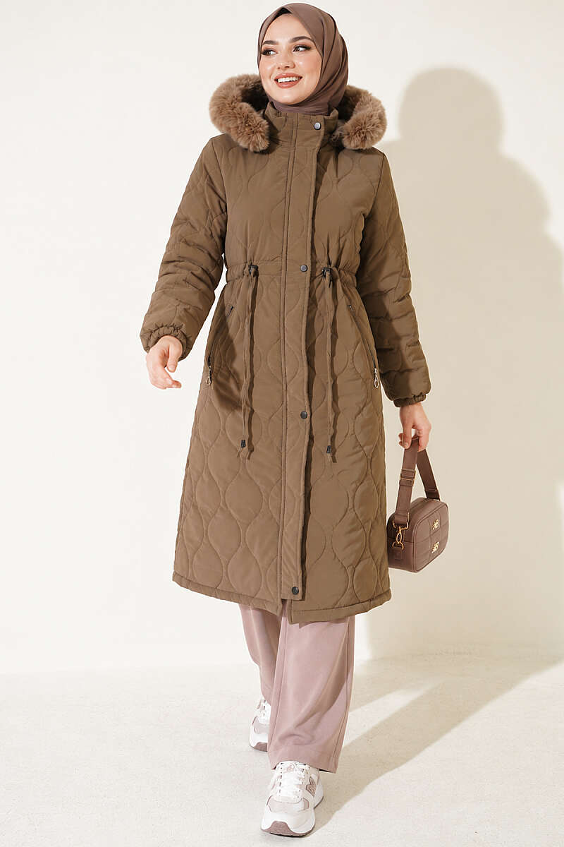 Puffer Coat with Faux Fur and Drawstring Waist - Mink
