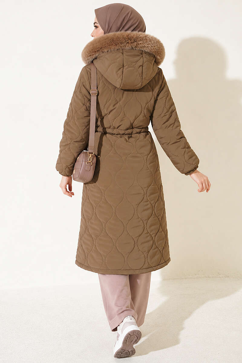 Puffer Coat with Faux Fur and Drawstring Waist - Mink