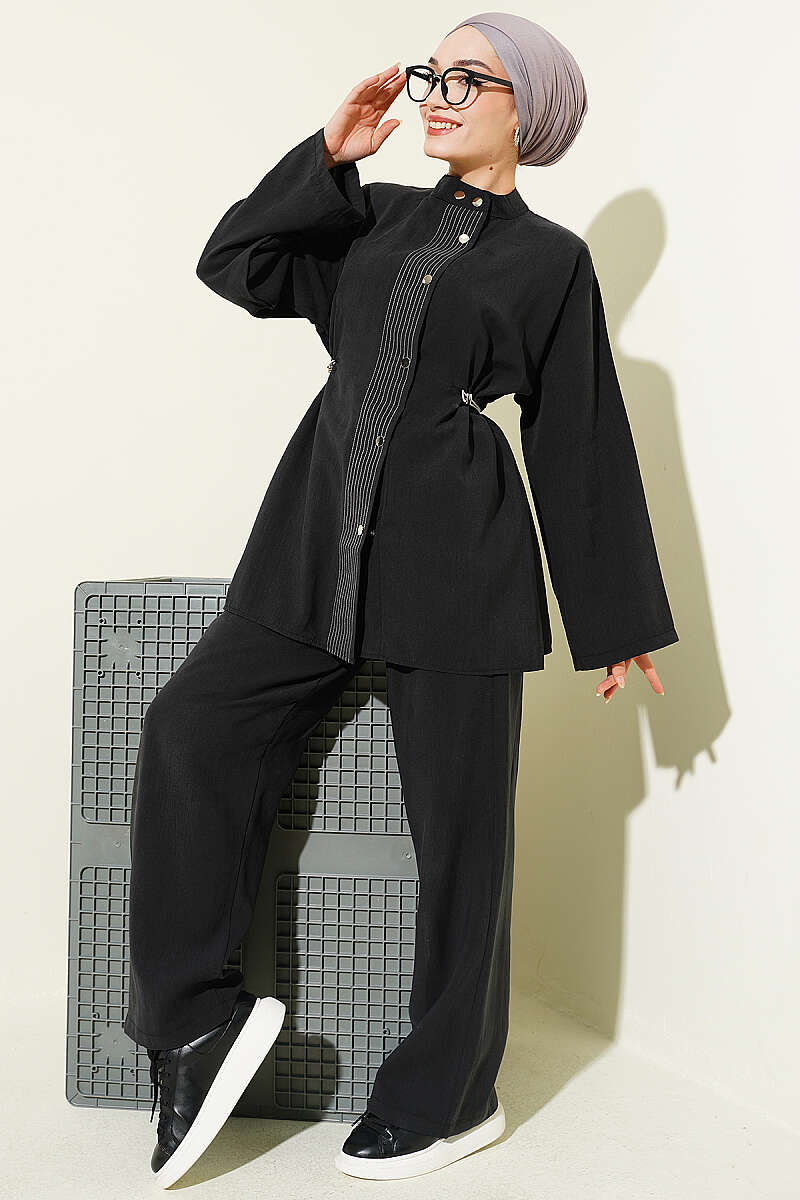 Modal Snap-Button Set with Drawstring Waist - Black