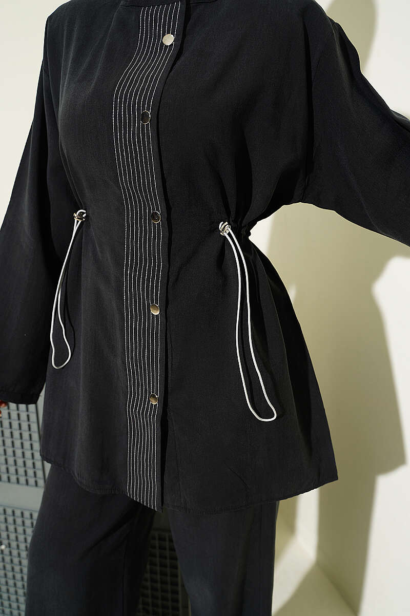 Modal Snap-Button Set with Drawstring Waist - Black