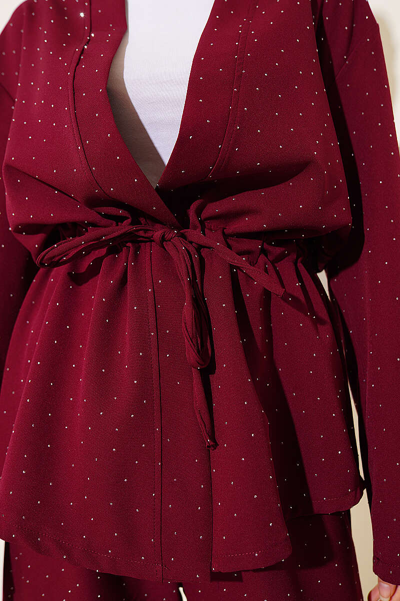 Double-Knit Set with Mini Stones and Drawstring Waist - Burgundy