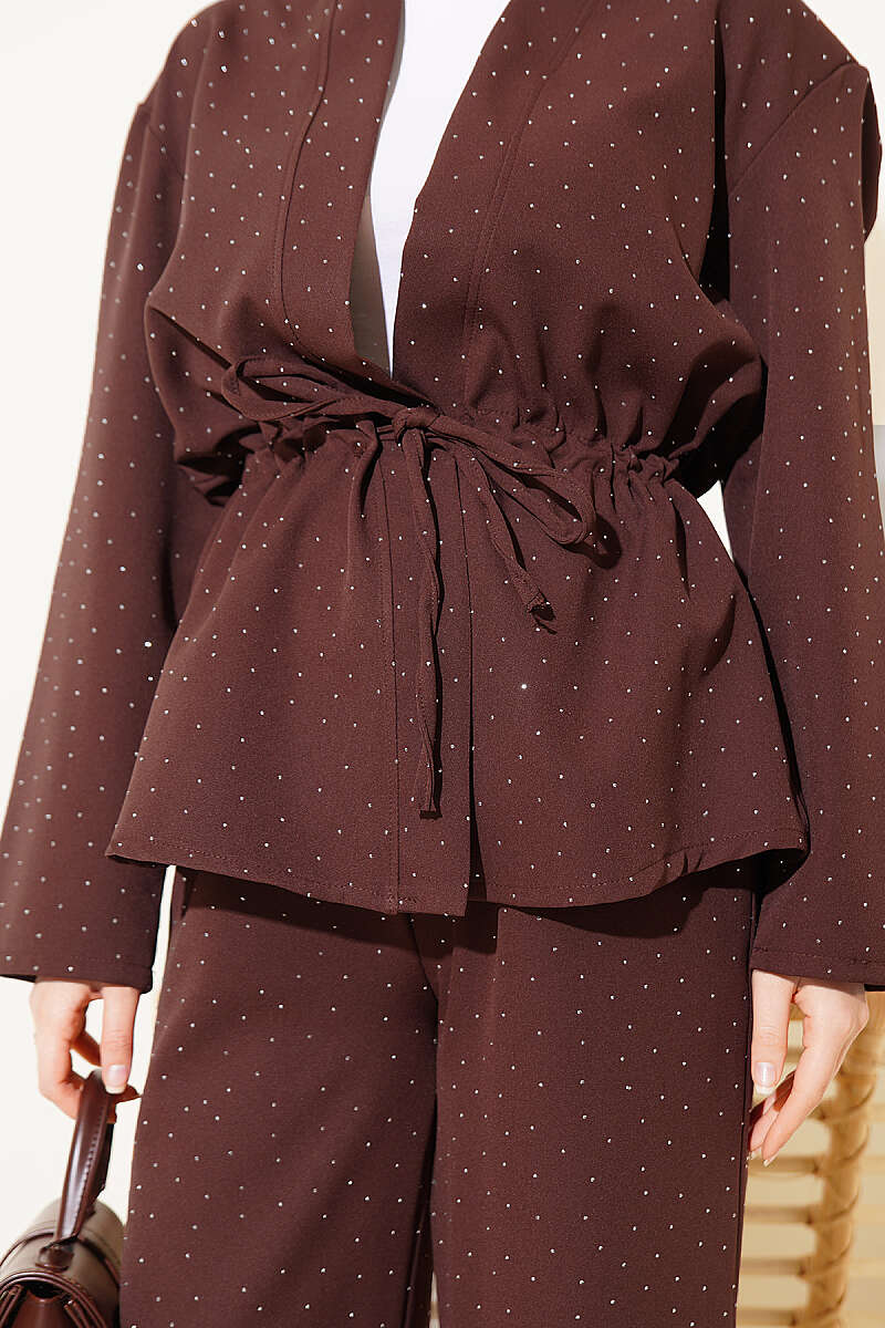 Double-Knit Set with Mini Stones and Drawstring Waist - Brown