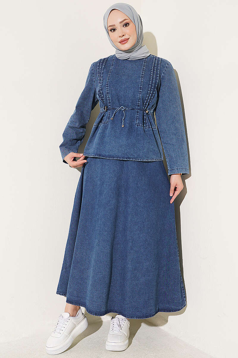 Ribbed Skirt Two-Piece Set with Drawstring Waist - Denim Blue