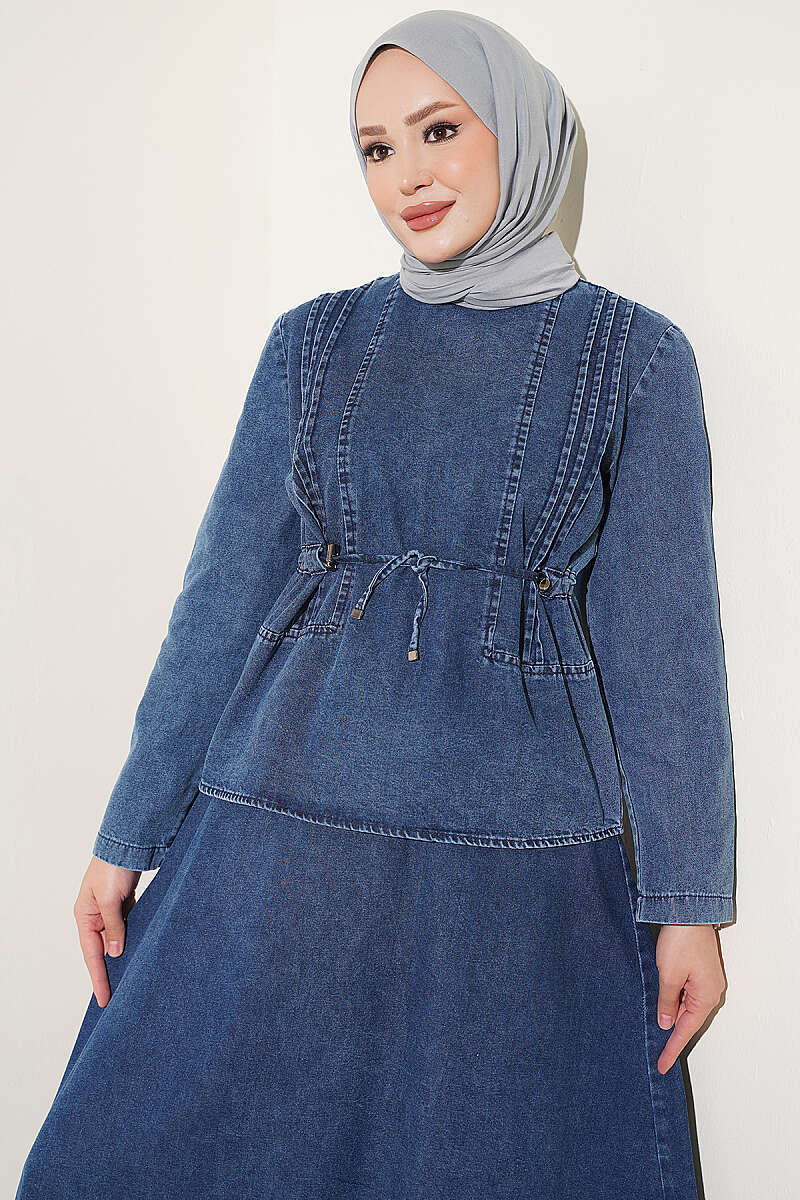 Ribbed Skirt Two-Piece Set with Drawstring Waist - Denim Blue
