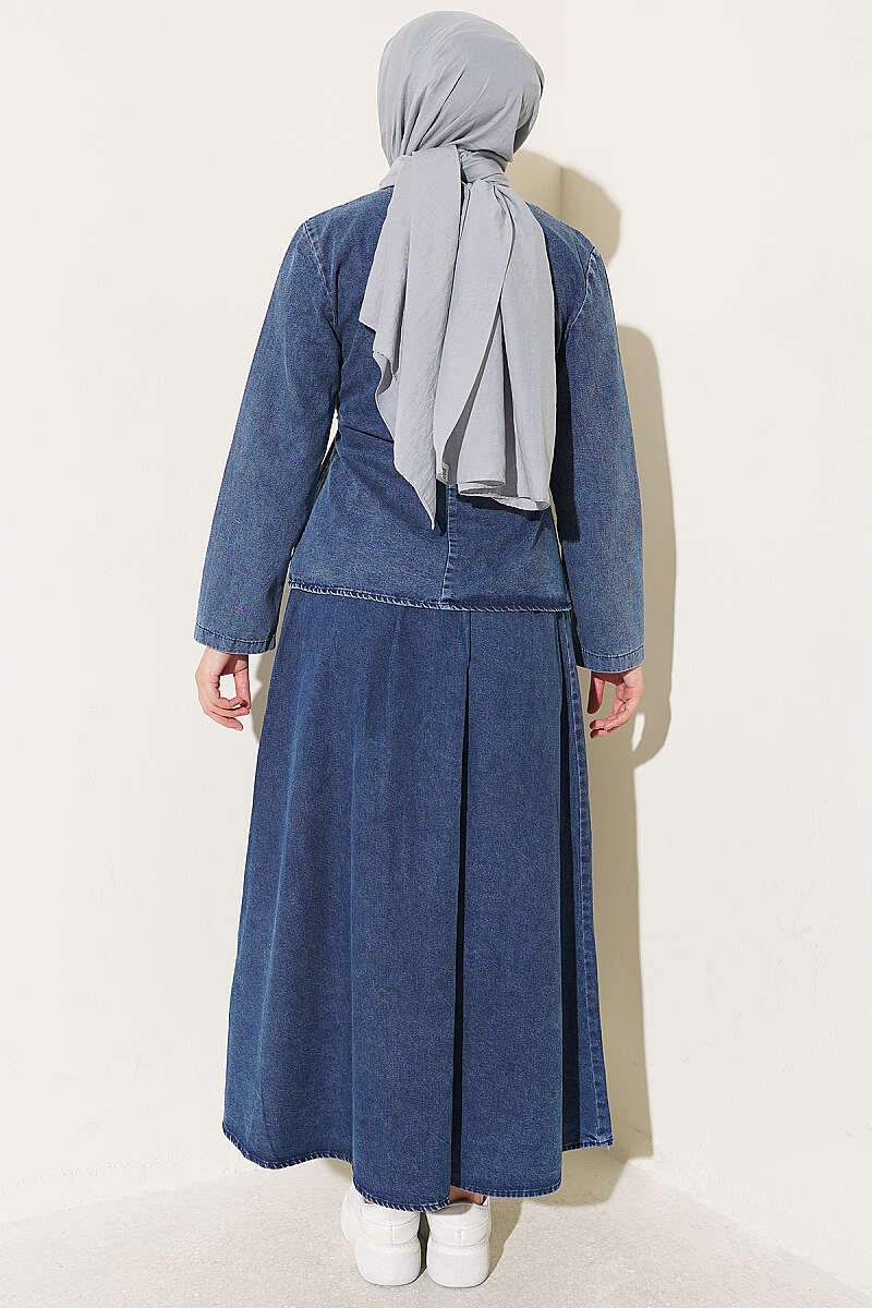 Ribbed Skirt Two-Piece Set with Drawstring Waist - Denim Blue