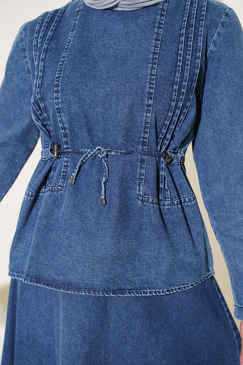 Ribbed Skirt Two-Piece Set with Drawstring Waist - Denim Blue