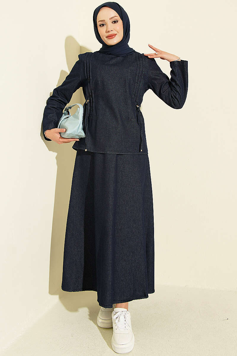 Ribbed Skirt Two-Piece Set with Drawstring Waist - Dark Blue