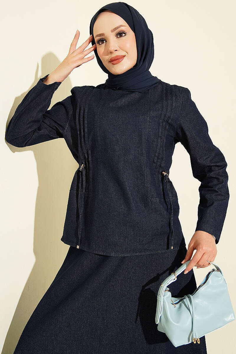 Ribbed Skirt Two-Piece Set with Drawstring Waist - Dark Blue