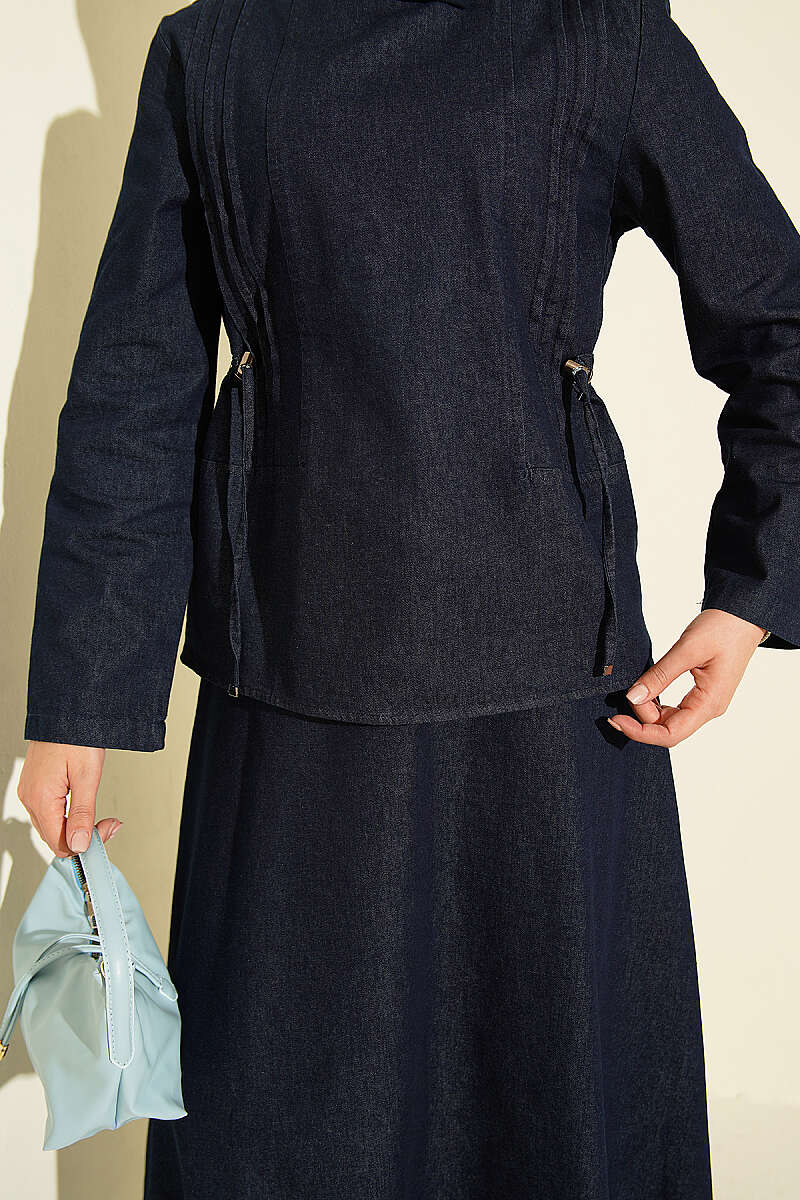 Ribbed Skirt Two-Piece Set with Drawstring Waist - Dark Blue