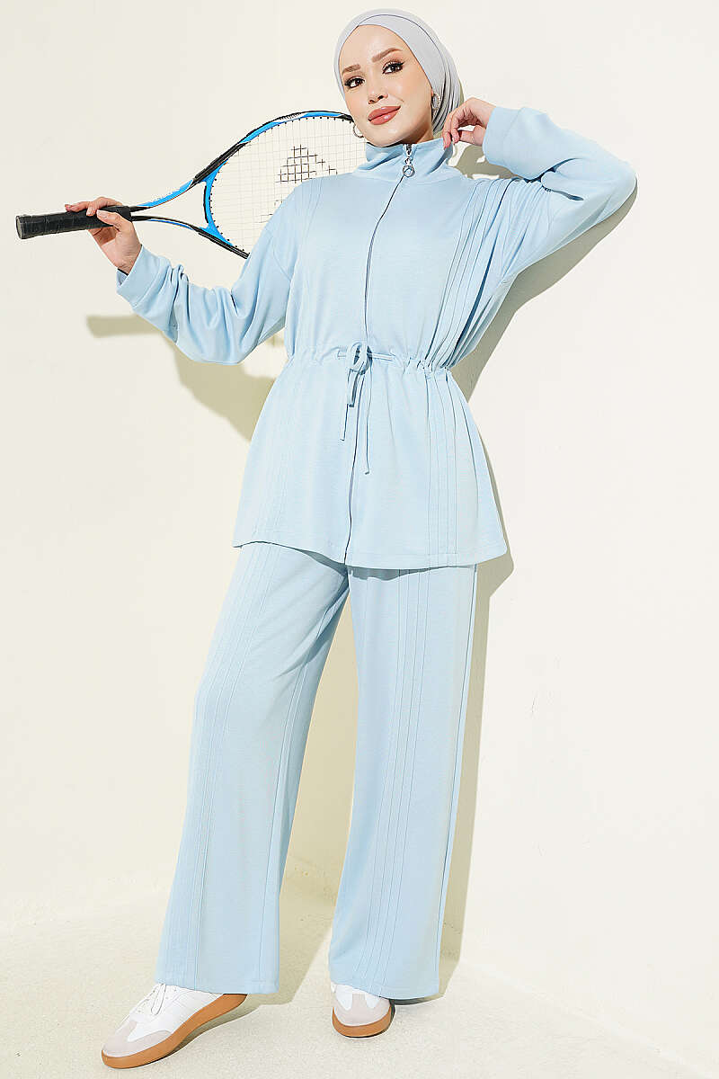 Ribbed Two-Piece Set with Drawstring Waist - Light Blue