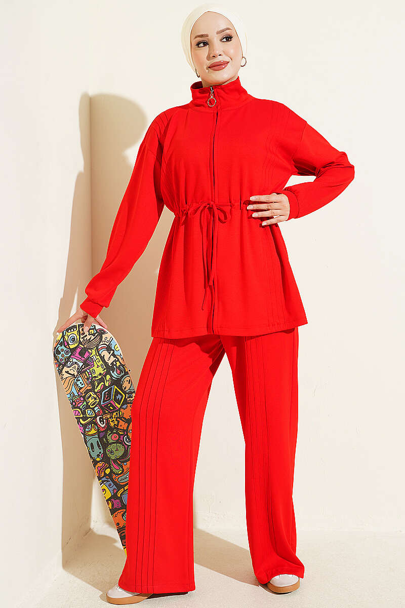 Ribbed Two-Piece Set with Drawstring Waist - Red