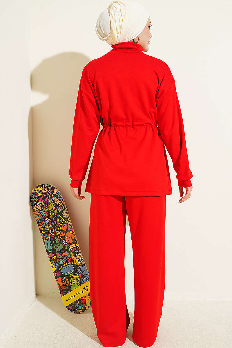 Ribbed Two-Piece Set with Drawstring Waist - Red
