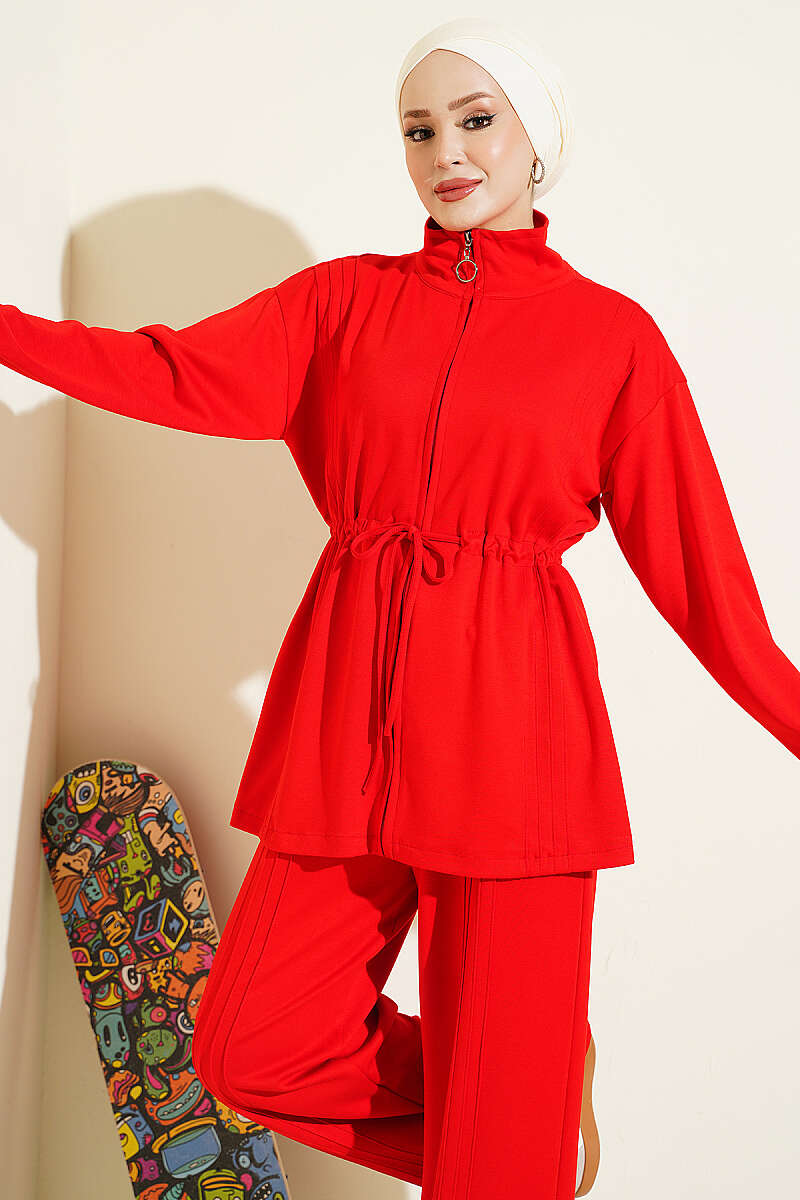 Ribbed Two-Piece Set with Drawstring Waist - Red